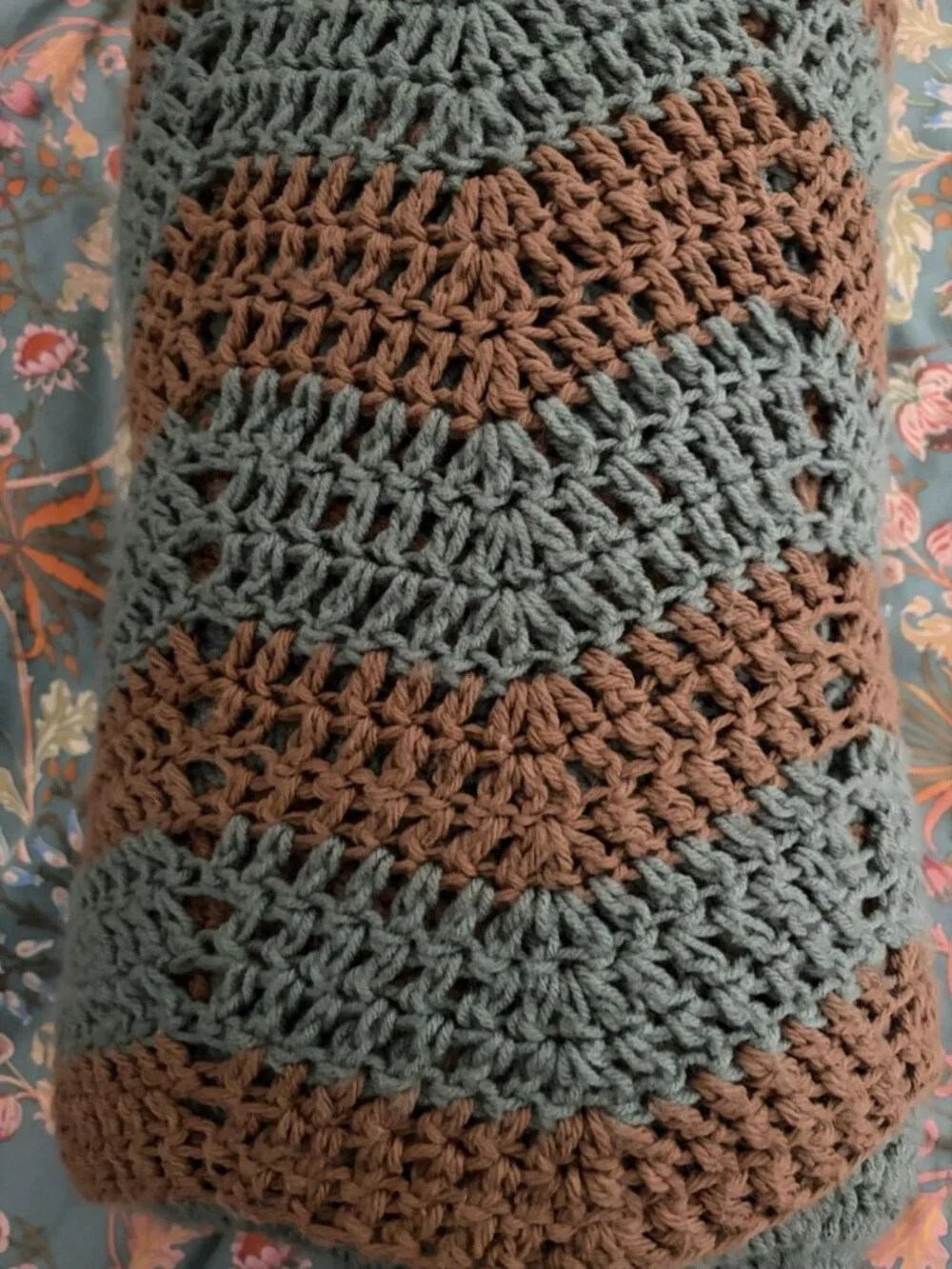 Vintage Handmade Chevron Afghan Blanket Retro Gray Blue And Brown 86” X 86”